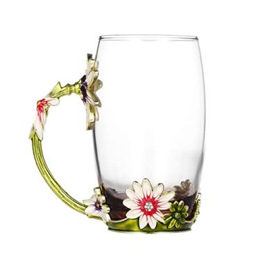 Imagem de Tingpai Artesanato de esmalte crisântemo verde copo de água caneca de bebida com alça design xíca de café chá com colher conjunto de pano de limpeza 350 ml