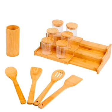 Imagem de Oikos - Kit 6 Potes de Vidro 110ml Hermético com Rack Organizador e Utensílios de Bambu