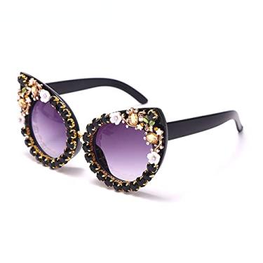 Imagem de Estilo Olho de Gato Vintage de Armação Grande com Diamante Óculos de Sol Moda Feminina Óculos de Sol Protetor Solar, preto, tamanho único