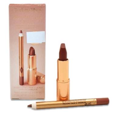 Imagem de Charlotte Tilbury Pillow Talk Duo Lip Kit de travesseiro médio – Conjunto de maquiagem labial tamanho viagem, mini delineador labial e mini batom Matte Revolution, longa duração