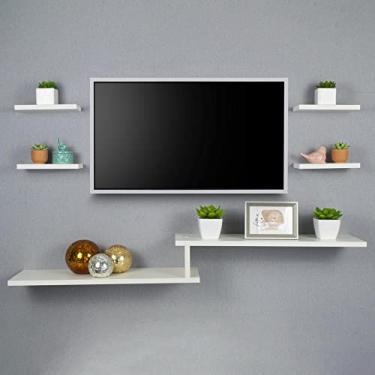 Imagem de Mercado das Prateleiras Rack TV Suspenso para Quarto Sala Branco 115cm - 5 Prateleiras Suspensas - Branco Texturizado - 5kg de Suporte