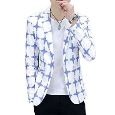 Imagem de Blazer masculino casual primavera xadrez slim terno jaqueta macio confortável casaco de um botão para casamento leve lapela externa, azul, XGG (busto: 110 cm)
