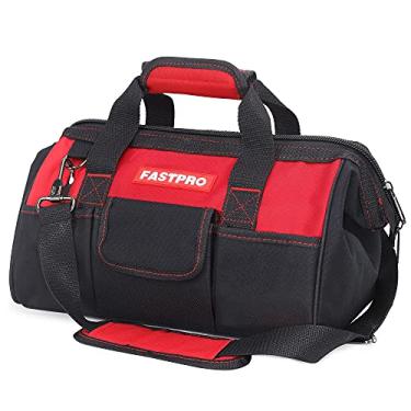 Imagem de FASTPRO Bolsa de ferramentas de armazenamento de boca larga com zíper, design clássico preto e vermelho, design moderno, material de tecido de poliéster 600D para garantia de qualidade, com alça de ombro ajustável, F080, 35,28 cm (14 polegadas), 14-INCH