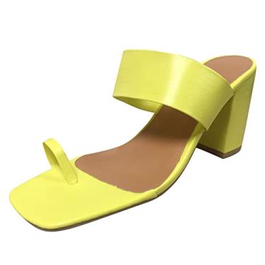 Imagem de Sandálias femininas de salto moda primavera e verão sandálias femininas de salto alto grosso conjunto dedo do pé cor sólida (amarelo, 38)