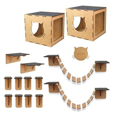 Imagem de BOXFAN Playground para gatos 14 peças, inclui pontes, nichos, degraus e prateleiras em mdf com carpete antiderrapante, brinquedo e móvel suspenso para gatos