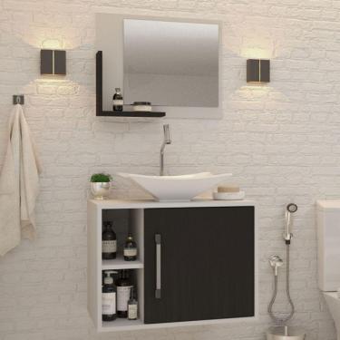 Imagem de Armário De Banheiro Com Cuba E Espelho 1 Porta 2 Prateleiras Branco Chess/preto ônix 13689 -