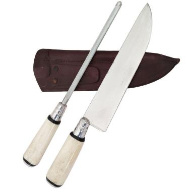 Imagem de Conjunto Faca Para Churrasco 8" E Chaira Estriada Cutelaria Facas Gaucha Cabo De Osso