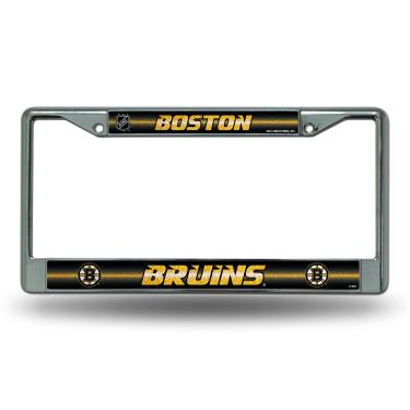Imagem de Moldura de placa de licença cromada brilhante da NHL Rico Industries com detalhes em glitter, Boston Bruins, 15 x 31 cm