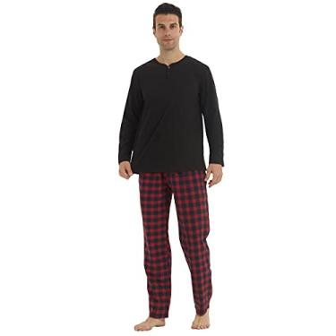 Imagem de YUSHOW Conjuntos de pijamas masculinos de inverno ultra macios Henley manga longa e calça xadrez de flanela pijama de lã para homens pijamas de dormir, Listras pretas + vermelhas, M