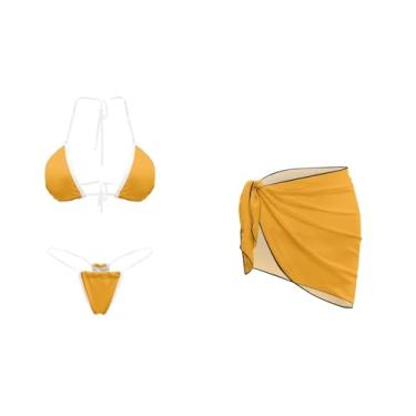 Imagem de Spowatriy Biquíni triangular feminino com saída de praia com 3 peças com alças transparentes, Laranja 2, GG