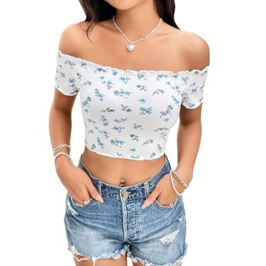 Imagem de SweatyRocks Camiseta feminina com estampa floral fora do ombro manga curta com acabamento de alface, Branco, M