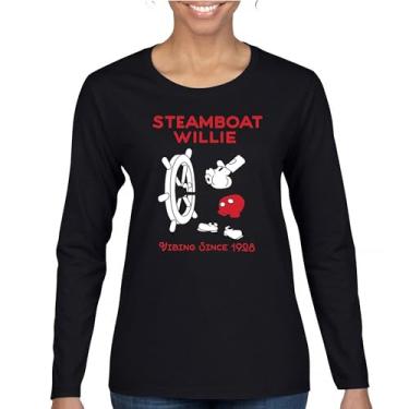 Imagem de Camiseta feminina Steamboat Willie Vibing Since 1928 manga longa icônica retrô desenho mouse atemporal clássico vintage Vibe, Preto, M