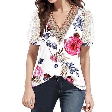 Imagem de Blusas femininas de malha de renda plus size de manga curta elegantes blusas de algodão de verão camisas boho túnica de festa, rosa, XXG