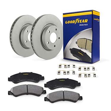 Imagem de Goodyear Freios PRK80864R | Kit de freio traseiro com par (2) de rotores de freio revestidos e pastilhas de freio de cerâmica de carbono adequado para Ford Explorer 19-13, Flex 19-13, polícia