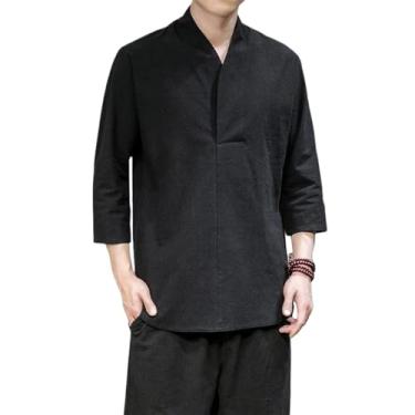 Imagem de Camiseta verão fina Hanfu mangas 3/4 cor sólida Kung Fu roupas Harajuku estilo chinês algodão linho camisa, Preto, PP