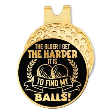 Imagem de Hafhue Marcador de bola de golfe The Older I Get The Harder preto dourado com clipe de chapéu, acessórios de golfe engraçados e presentes de golfe para homens e mulheres vovô, presente de
