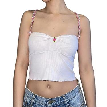 Imagem de Regata feminina sem mangas, cropped floral, alças finas, camiseta de verão para sair, Branco, P