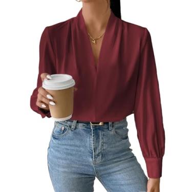 Imagem de EVALESS Camisas femininas de manga comprida modernas com gola V para o verão, blusas elegantes de chiffon, casual, folgada, trabalho, escritório, D Vermelho, P