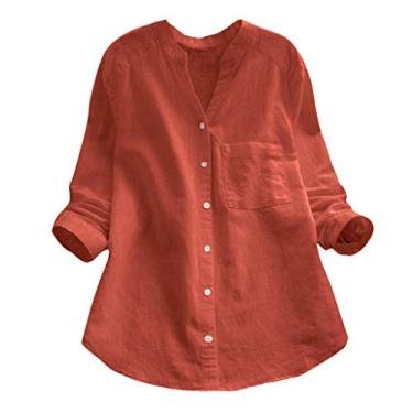 Imagem de Lainuyoah Blusas de linho de manga comprida para mulheres, camisas de verão, caimento solto, com botões, túnica boho, gola V, pulôver simples básico, Laranja, GG