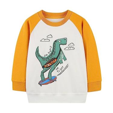 Imagem de synia Moletom infantil para meninos, manga comprida, dinossauro, gola redonda, pulôver macio, camisetas infantis de 2 a 7 anos, Branco, 2 Anos