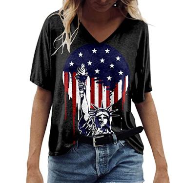 Imagem de Camiseta feminina com bandeira americana para o verão, dia da independência, listras estrelas, memorial Day, blusa de manga curta, Preto, G