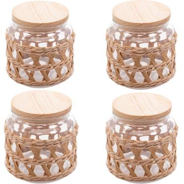 Imagem de Kit 4 Potes Herméticos de Vidro 520ml Sisal Tampa Madeira Po