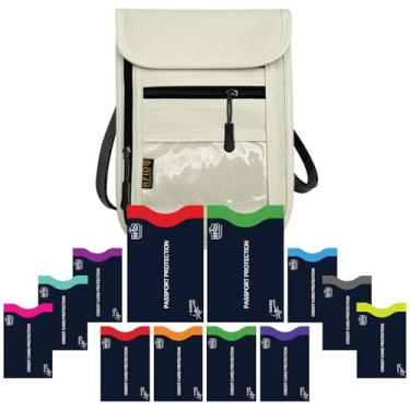 Imagem de DEEZOMO Carteira de pescoço de viagem e mangas com bloqueio de RFID para homens e mulheres, bolsa de dinheiro antirroubo, organizador de documentos de viagem com alça ajustável, Bege