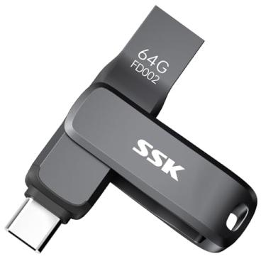 Imagem de SSK Pen drive USB 3.2 de 64 GB, velocidade de leitura de até 200 MB/S, pen drive USB C duplo com USB tipo C e USB A, pen drive de metal preto robusto para smartphones, tablets, Mac, laptop, carro, TV