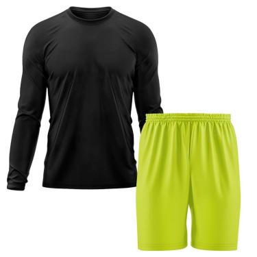 Imagem de Kit Calção Short Futebol Basquete Amarelo + Manga Longa Masculina Segunda Pele Dry-Masculino