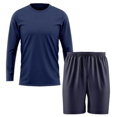 Imagem de Kit Calção Short Futebol Basquete Azul + Manga Longa Masculina Segunda Pele Dry-Masculino
