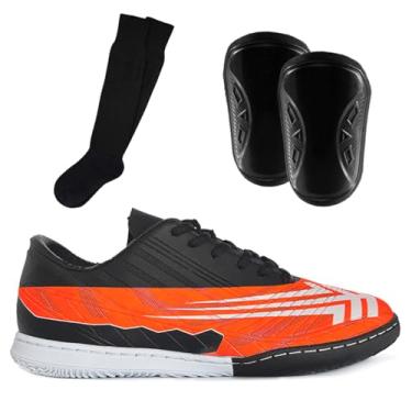 Imagem de Kit Jogador Chuteira Tênis Futsal Infantil Juvenil Quadra Salão + Caneleira e Meião (Preto + Laranja, BR, Adulto, Numérico, 35)