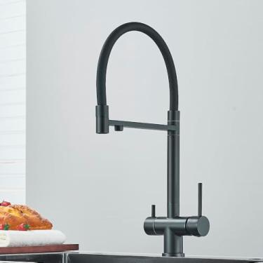 Imagem de Torneira de cozinha com filtro de água cinza, torneira de misturador quente e fria montada no deck, rotação de 360 graus, preto fosco
