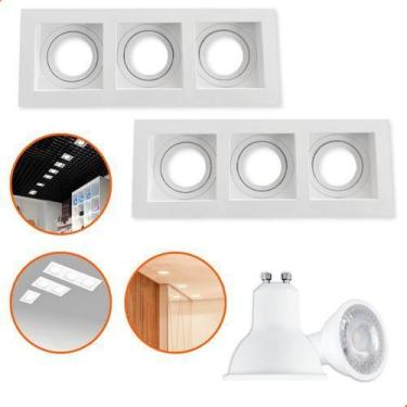 Imagem de Kit 10 Spot Triplo Embutir Recuado Quadrado Branco + Lâmpada Gu10 - VL