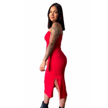Imagem de Vestido Sem Alça Midi Canelado Tubinho Feminino Moda Gringa Fenda Late