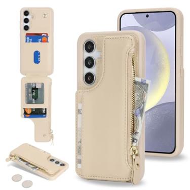 Imagem de Cavor Capa carteira para Samsung Galaxy S24 Plus, capa carteira para Galaxy S24 Plus para mulheres e homens, bolso com zíper de couro, compartimentos para cartões, capa de telefone - creme