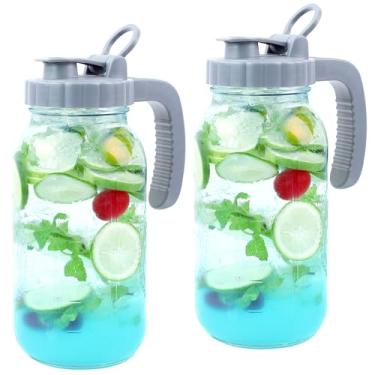 Imagem de Jarra de vidro Mason Jar de 1,8 l com tampas de bico (2 unidades) Jarro hermético à prova de vazamento, 2 litros de boca larga com alça e tampa flip para chá gelado, leite, chá de sol, limonada, suco,