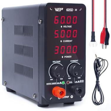 Imagem de WEP Fonte de alimentação variável 605D-III DC 60,00V 5.000A Fonte de alimentação de laboratório de bancada de alta precisão com clipes jacaré para kit de anodização, galvanoplastia, arduino, placa de