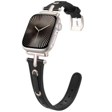 Imagem de Minyee Pulseira de couro compatível com Apple Watch Ultra 2 de 41 mm, 40 mm, 38 mm, 44 mm, 45 mm, 42 mm, 49 mm, ultrafina, vintage, com cordão elegante e fivela de metal em forma de T para Apple Watch