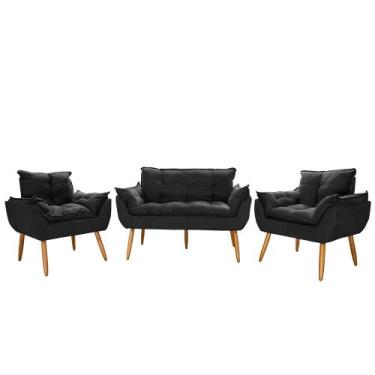 Imagem de Kit Namoradeira Opala + 2 Poltronas Suede Preto Porto Decor