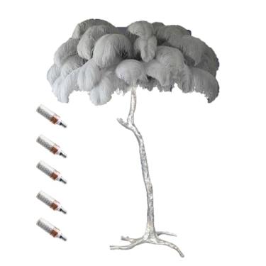 Imagem de Luminária de pé de luxo com pena de avestruz natural com 3 lâmpadas de LED E14 de temperatura de cor, poste dourado e luz de base para decoração