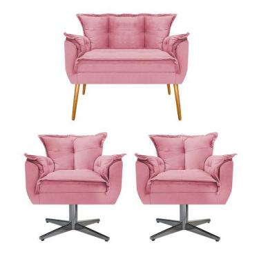 Imagem de Kit Namoradeira e 02 Poltronas Opala Base Giratória de Metal Suede Ros