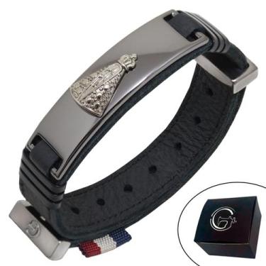 Imagem de Pulseira de Couro Preto Nossa Senhora Onix/Prata com Fecho STRAP PLUG 