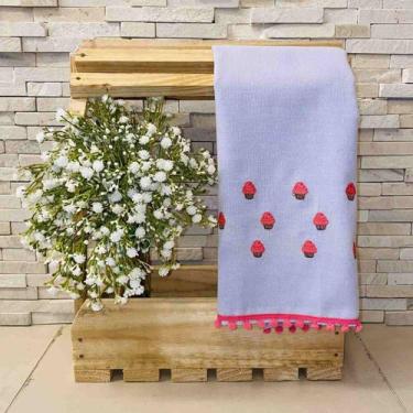 Imagem de Pano de Prato Copa Master Branco Bordado CupCake Rosa com Pompom Rosa 