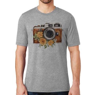 Imagem de Camiseta Máquina Fotográfica Vintage e Flores - Foca na Moda, Cinza, G
