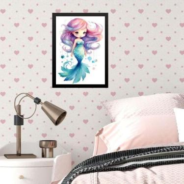 Imagem de Quadro Infantil Menina Sereinha Aquarela 33x24cm - com vidro - Quadros