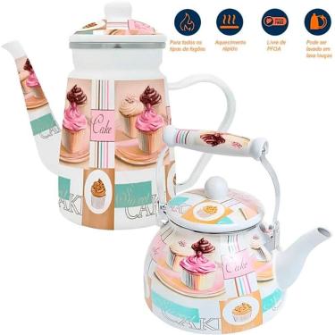 Imagem de Kit Chaleira 2,5l Bule 1,2l Cake Esmaltados Vintage Indução