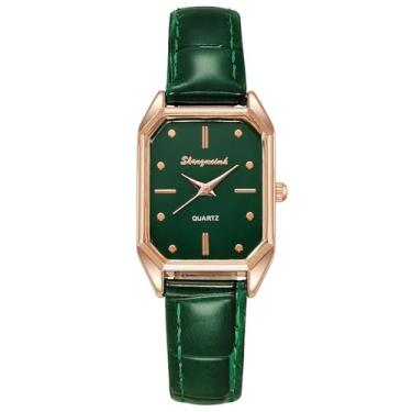 Imagem de YingHwa Relógio feminino quadrado de quartzo – Relógio de couro moderno e simples, Verde, Casual