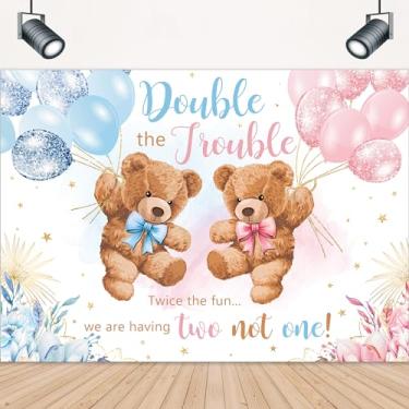 Imagem de LIGHTINHOME Double The Trouble Twice The Fun We are Having Pano de fundo 12,5 cm L x 7,5 cm A para chá de bebê para chá de bebê, azul, rosa e urso revelador de gênero, fotografia, decoração de fundo