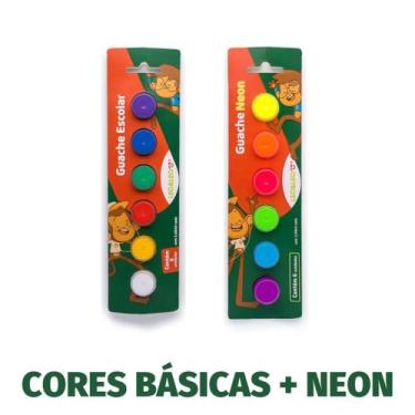 Imagem de Tinta Guache Escolar Kit c/ 6 Cores BásicasTradicionais, Neon ou Metál