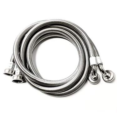Imagem de Pacote com 2 mangueiras de máquina de lavar de aço inoxidável premium – 5 pés sem chumbo à prova de ruptura de entrada de água – Conexão universal de cotovelo de 90 graus – Garantia de 10 anos